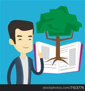 Happy asian student standing on the background of tree growing from open book. Cheerful student pointing at tree of knowledge. Concept of education. Vector flat design illustration. Square layout.. Student pointing at tree of knowledge.
