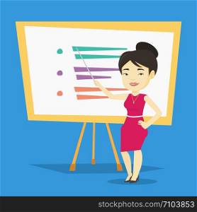 Happy asian teacher standing in front of board with a pointer. Smiling female teacher standing with a pointer in classroom. Young teacher with pointer. Vector flat design illustration. Square layout.. Teacher or student standing in front of board.