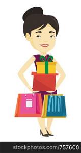 Happy asian woman carrying shopping bags and boxes. Woman holding shopping bags and gift boxes. Girl standing with a lot of shopping bags. Vector flat design illustration isolated on white background.. Happy woman holding shopping bags and gift boxes.