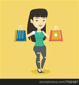 Happy asian woman carrying shopping bags. Smiling woman holding shopping bags. Girl standing with a lot of shopping bags. Girl showing her purchases. Vector flat design illustration. Square layout. Happy woman holding shopping bags.