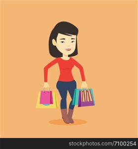 Happy asian woman carrying shopping bags. Young smiling woman holding shopping bags. Woman standing with a lot of shopping bags. Vector flat design illustration. Square layout.. Happy woman with shopping bags vector illustration