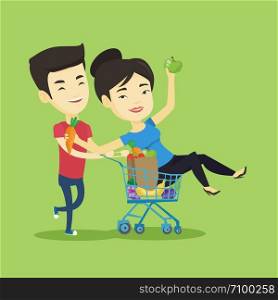Happy asian woman pushing a shopping trolley with her friend. Couple of young carefree friends having fun while riding by shopping trolley. Vector flat design illustration. Square layout.. Couple of friends riding by shopping trolley.