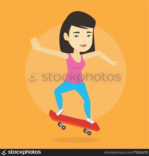 Happy asian woman skateboarding. Smiling woman riding a skateboard. Young skater riding a skateboard. Woman jumping with skateboard. Vector flat design illustration. Square layout.. Woman riding skateboard vector illustration.