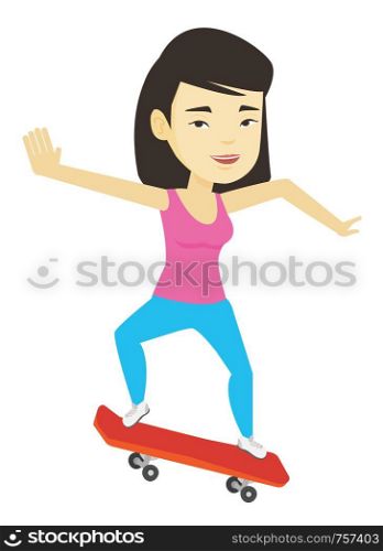 Happy asian woman skateboarding. Smiling woman riding a skateboard. Young skater riding a skateboard. Woman jumping with skateboard. Vector flat design illustration isolated on white background.. Woman riding skateboard vector illustration.