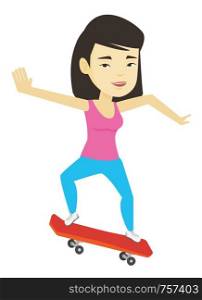 Happy asian woman skateboarding. Smiling woman riding a skateboard. Young skater riding a skateboard. Woman jumping with skateboard. Vector flat design illustration isolated on white background.. Woman riding skateboard vector illustration.