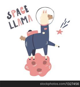 Happy astronaut llama in a spacesuit and helmet. Lettering text SPACE LLAMA. Happy astronaut llama in a spacesuit and helmet.