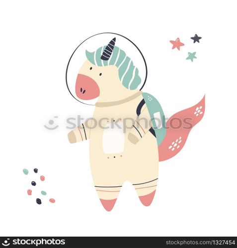 Happy astronaut unicorn in a spacesuit and helmet. Adorable animal design. Vector illustration. Happy astronaut unicorn in a spacesuit and helmet.