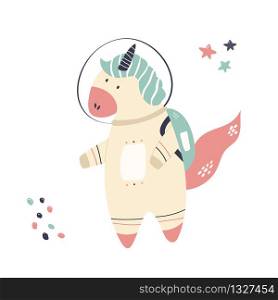Happy astronaut unicorn in a spacesuit and helmet. Adorable animal design. Vector illustration. Happy astronaut unicorn in a spacesuit and helmet.