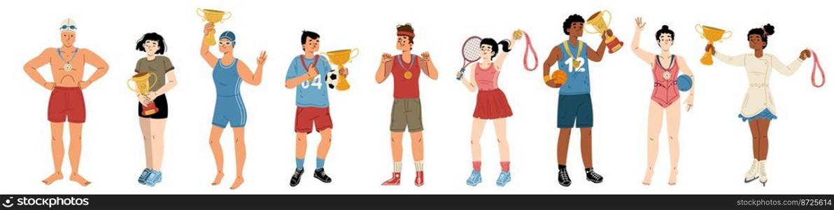 Happy athletes winners in sport competition with gold medals and cups. Diverse sportsmen, soccer, tennis and basketball players, swimmers, skater and runners, vector hand drawn illustration. Happy athletes winners with gold medals and cups