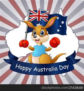 Happy australia Day Kangaroo holding a Flag on Map background