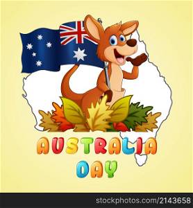 Happy australia Day Kangaroo holding a Flag on Map background