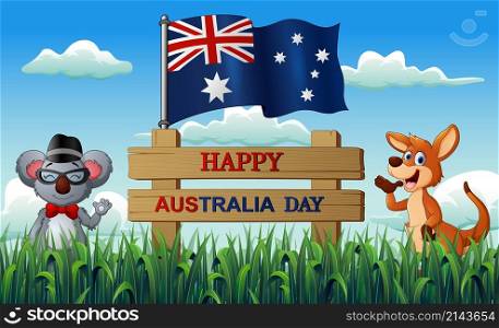 Happy Australia day with koala and kangaroo on the nature