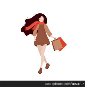 Happy autumn caucasian white woman carrying shopping bags. Young woman holding shopping bags. Girl with knitted scarf showing her purchases. Vector cartoon illustration isolated on white background.. Happy autumn caucasian white woman carrying shopping bags. Young woman holding shopping bags. Girl with knitted scarf showing her purchases. Vector cartoon illustration isolated on white background