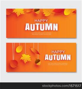 Happy autumn paper art style with leaves hanging on orange background. Use for banner, greeting card or invitation.