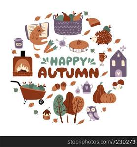 Happy Autumn set of pumpkins, hedgehog, mushrooms, acorns, autumn leaves, trees, etc. Vector illustration with elements of the fall season. It can be used for greeting cards, banners, posters, stickers.