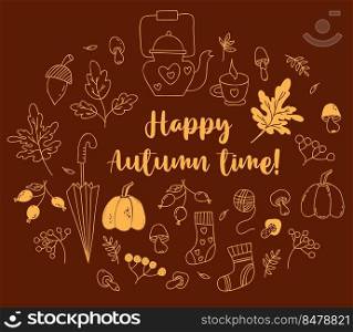 Happy autumn time set. Teapot with cup, acorn and mushrooms, autumn leaves and an umbrella, knitted socks and pumpkin, berries with rose hips. Vector hand drawn doodle. isolated outline elements