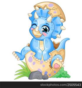Happy baby blue triceratops dinosaur sitting in egg on nature. Cute cartoon character. Vector isolated illustration. For print, design, advertising, cards,stationery, t-shirt, textiles, sublimation. Cute cartoon baby blue triceratops in egg vector illustration