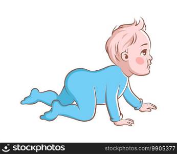 Happy baby boy. Crawling cartoon infant character in blue clothes, cute blond newborn son learning to crawl, active pose, happy adorable child vector single illustration isolated on white background. Happy baby boy. Crawling cartoon infant character in blue clothes, cute blond newborn son learning to crawl, happy adorable child vector single illustration isolated on white background