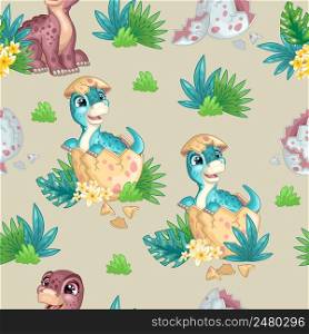 Happy baby dinosaur brontosaurus sitting in egg on nature isolated on gray background. Seamless pattern. Cartoon vector illustration. For print, design, wallpaper, decor, textile, packaging, apparel. Seamless tropical pattern with cute brontosaurus in egg vector