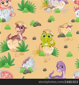 Happy baby dinosaurs sitting in eggs on nature isolated on beige background. Seamless pattern. Cartoon vector illustration. For print, design, wallpaper, decor, cards, textile, packaging, apparel