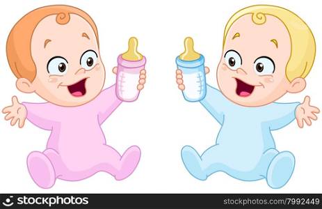 Happy baby girl and baby boy holding bottles