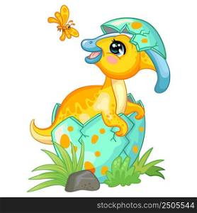 Happy baby parasaurolophus dinosaur sitting in egg on nature. Cute cartoon character. Vector isolated illustration. For print, design, advertising, cards,stationery, t-shirt, textiles, sublimation. Cute cartoon baby parasaurolophus in egg vector illustration