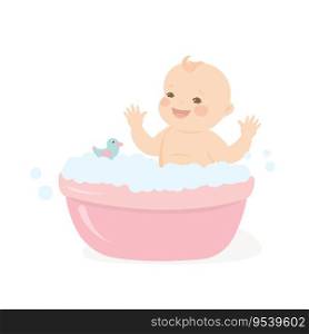 Happy baby taking a bath playing with foam bubbles.Infant baby bath time template. Isolated on white background. Flat vector illustration