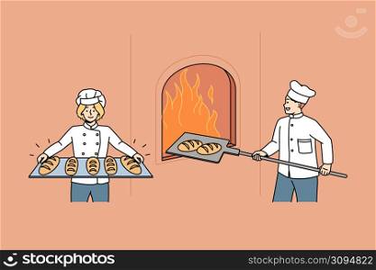 Happy bakers in uniform prepare cook fresh tasty crusty loaves in oven. Smiling worker bake delicious bread in bakery shop or house. Small business ownership, bakeshop. Vector illustration. . Happy bakers cook fresh break in bakery