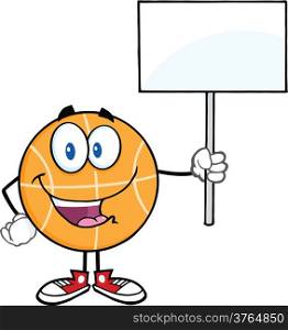 Happy Basketball Cartoon Character Holding A Blank Sign