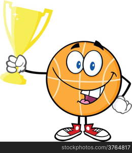 Happy Basketball Cartoon Character Holding Golden Trophy Cup