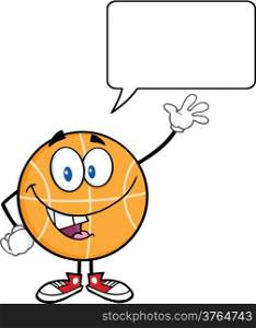 Happy Basketball Cartoon Character Waving With Speech Bubble