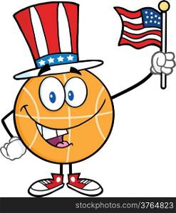 Happy Basketball Cartoon Character With American Patriotic Hat And USA Flag