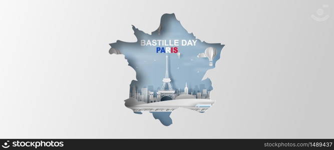 Happy Bastille Day. French National Day poster and banner concept. Paper craft and cut style of map French Traveling holiday landmarks Eiffel tower Paris city. Festival season.Vacation party vector