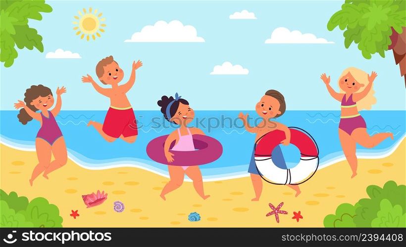 Happy beach kids. Children water games on resort, sunny day at sea or ocean. Fun boys and girls summer vacations, jumping and swimming, decent vector background. Illustration of boy and girl on beach. Happy beach kids. Children water games on resort, sunny day at sea or ocean. Fun boys and girls summer vacations, jumping and swimming, decent vector background