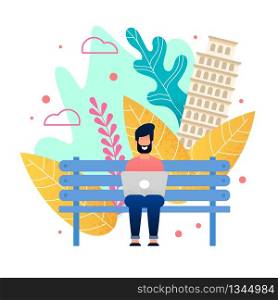 Happy Bearded Man Sitting on Bench in City Park and Working on Laptop. Cartoon Freelancer Character on Vacation. Work and Travelling Union. Remote Online Job. Vector Motivation Illustration. Man Sitting on Bench in Park and Working Laptop