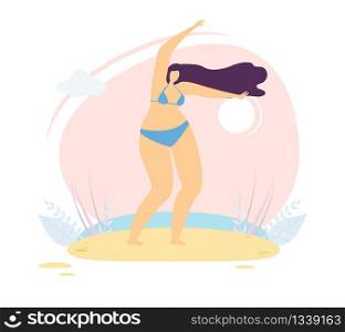 Happy Beautiful Chubby Woman in Lingerie Dancing or Doing Morning Exercise on Sunny Beach Flat Poster in Cartoon Vector Design Motivation Banner Love Having Figure Body Positive Illustration Template. Woman Inspiration Body Positive Cartoon Poster