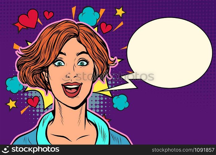 happy beautiful young woman, red hearts. Pop art retro vector illustration kitsch vintage drawing. happy beautiful young woman, red hearts