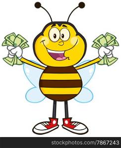 Happy Bee Cartoon Mascot Character With Cash