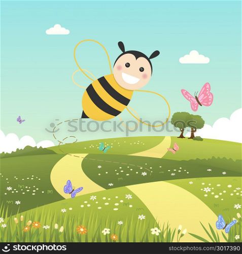 Happy bee flying on a spring day. Vector illustration