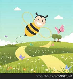 Happy bee flying on a spring day. Vector illustration