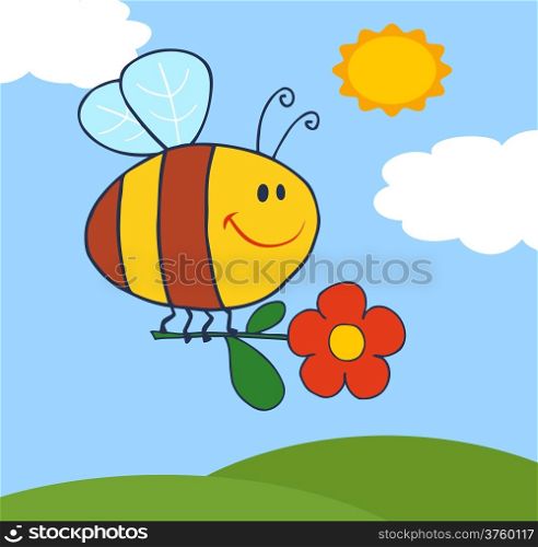 Happy Bee Flying With Flower In Sky