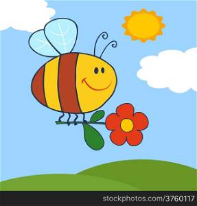 Happy Bee Flying With Flower In Sky