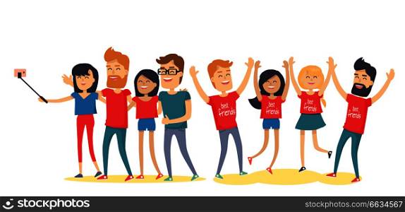 Happy best friends have fun together. Young men and women laughing with raised hands, making selfie flat vector isolated on white. Group of happy people cartoon illustration for friendship day concept