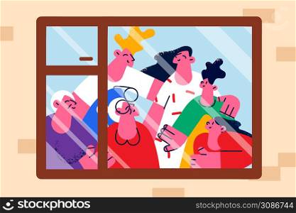 Happy big family with children look out of window hugging and showing unity. Smiling parents, grandparents and kids embrace enjoy bonding time together indoors. Vector illustration. . Happy family with children look out of window