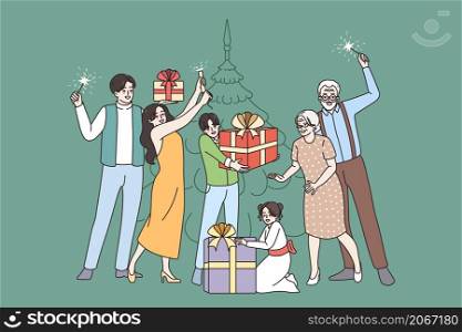 Happy big family with kids celebrate Christmas near fir-tree together. Smiling parents with children and grandparents enjoy New Year winter holidays with gifts and lights. Vector illustration. . Happy big family celebrate Christmas near fir-tree