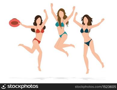 Happy bikini woman jumping of joy and success on beach on tropical vacation. Holiday girl with sexy slim running of freedom and happiness, vector illustration.
