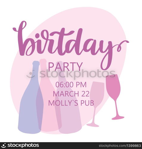 Happy birthday adult party celebration background template or invitation card with champagne and wine bottles and glasses and lettering text. Abstract vector illustration. Happy birthday adult party celebration background template illustration