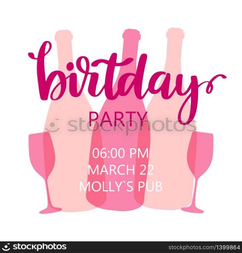Happy birthday adult party celebration background template or invitation card with champagne and wine bottles and glasses and lettering text. Abstract vector illustration. Happy birthday adult party celebration background template illustration