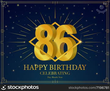 Happy birthday anniversary celebration greeting card. With Luxury golden frame, shiny sparkles. Vector 3d illustration background. Typography design poster, celebrating banner, invitation flyer