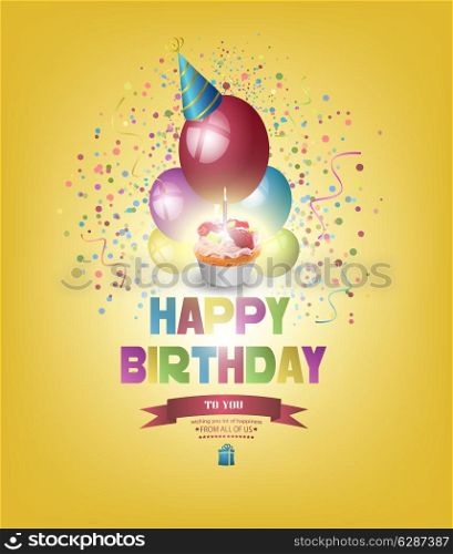 Happy Birthday Background With Balls, Gift And Title Inscription